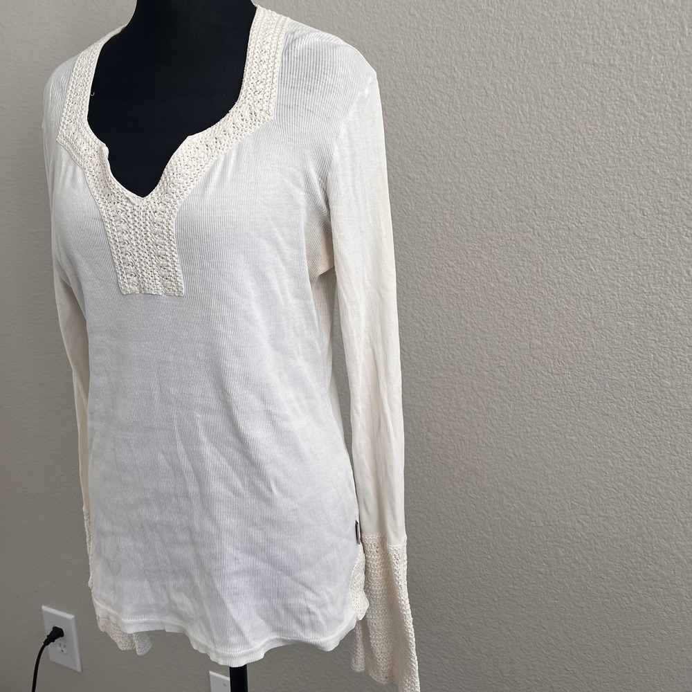 Prana Women's Large Ivory Top Blouse Crochet Bell Sleeve Boho Ribbed - Picture 7 of 10